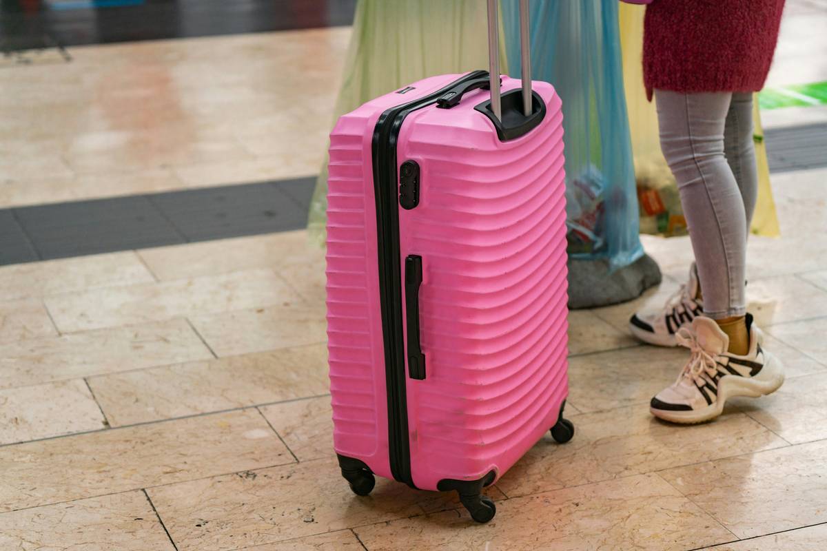 Travel blogger holding their reliable hardshell suitcase against scenic mountain backdrop
